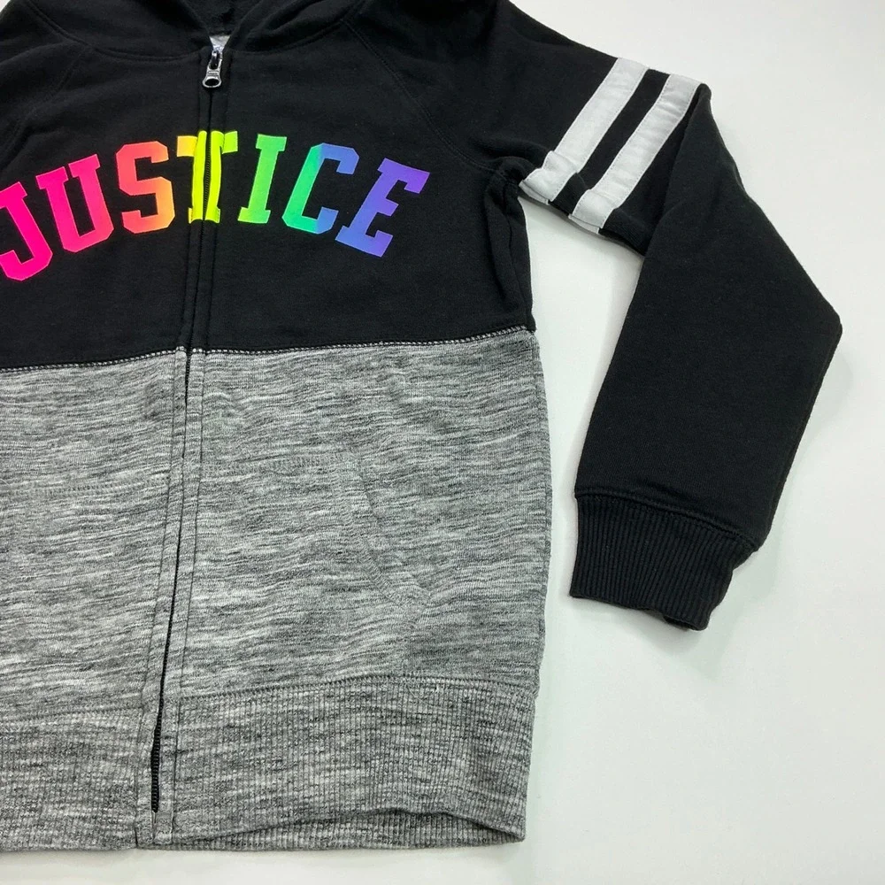 Justice Black Rainbow Logo Zip Up Hoodie Kids Size 6/7 Colorblock Varsity